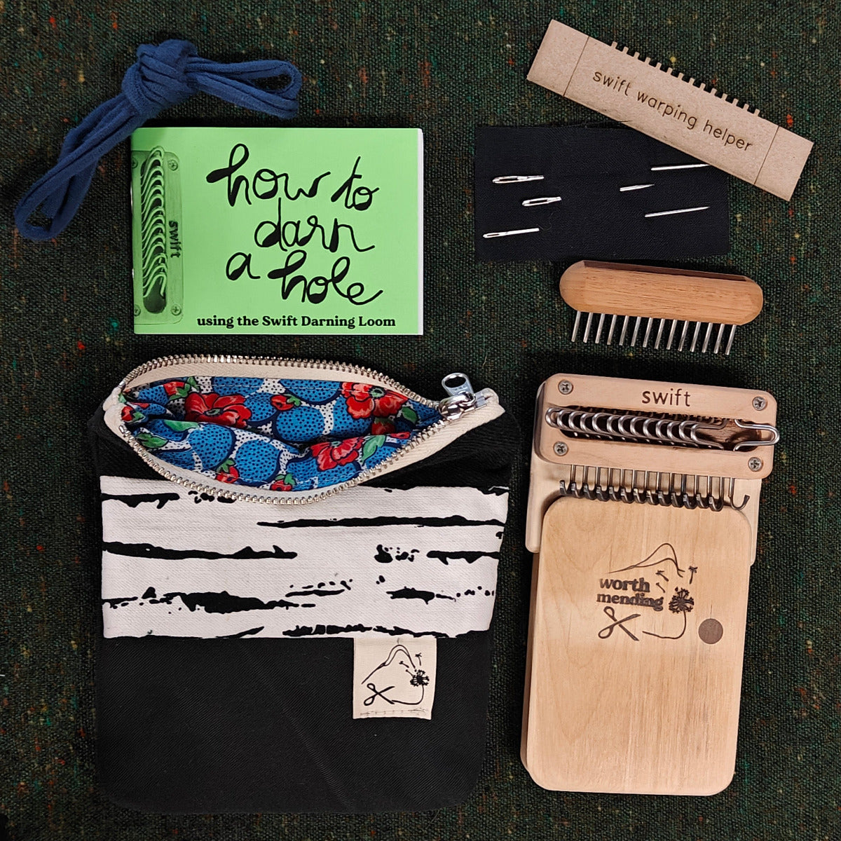 Worth Mending Upcycled Mending Tool Darning Loom Made in Canada Black - Blueberry Swift Darning Loom: Mini Bundle (Black Denim)