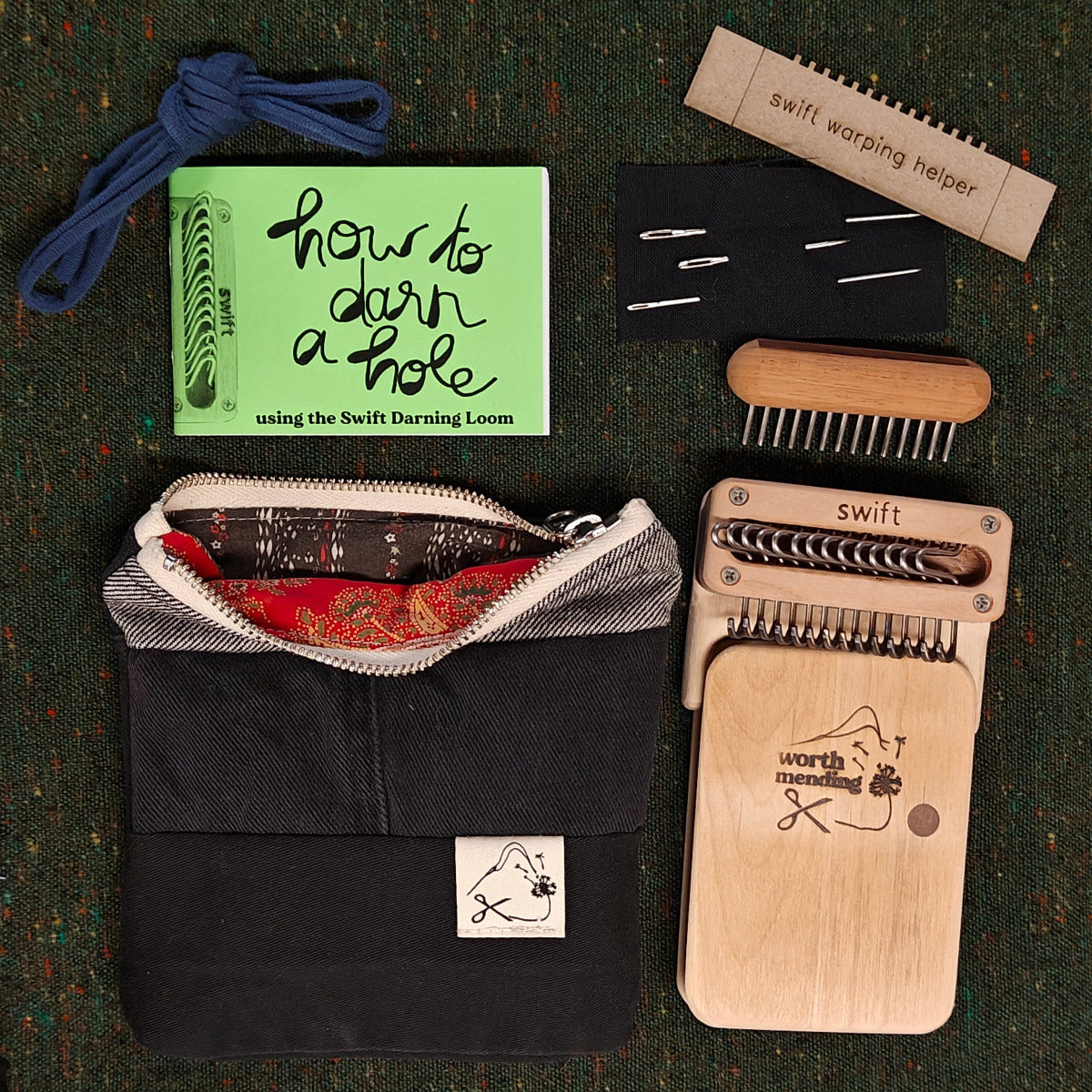 Worth Mending Upcycled Mending Tool Darning Loom Made in Canada Black - Cinnamon Swift Darning Loom: Mini Bundle (Black Denim)