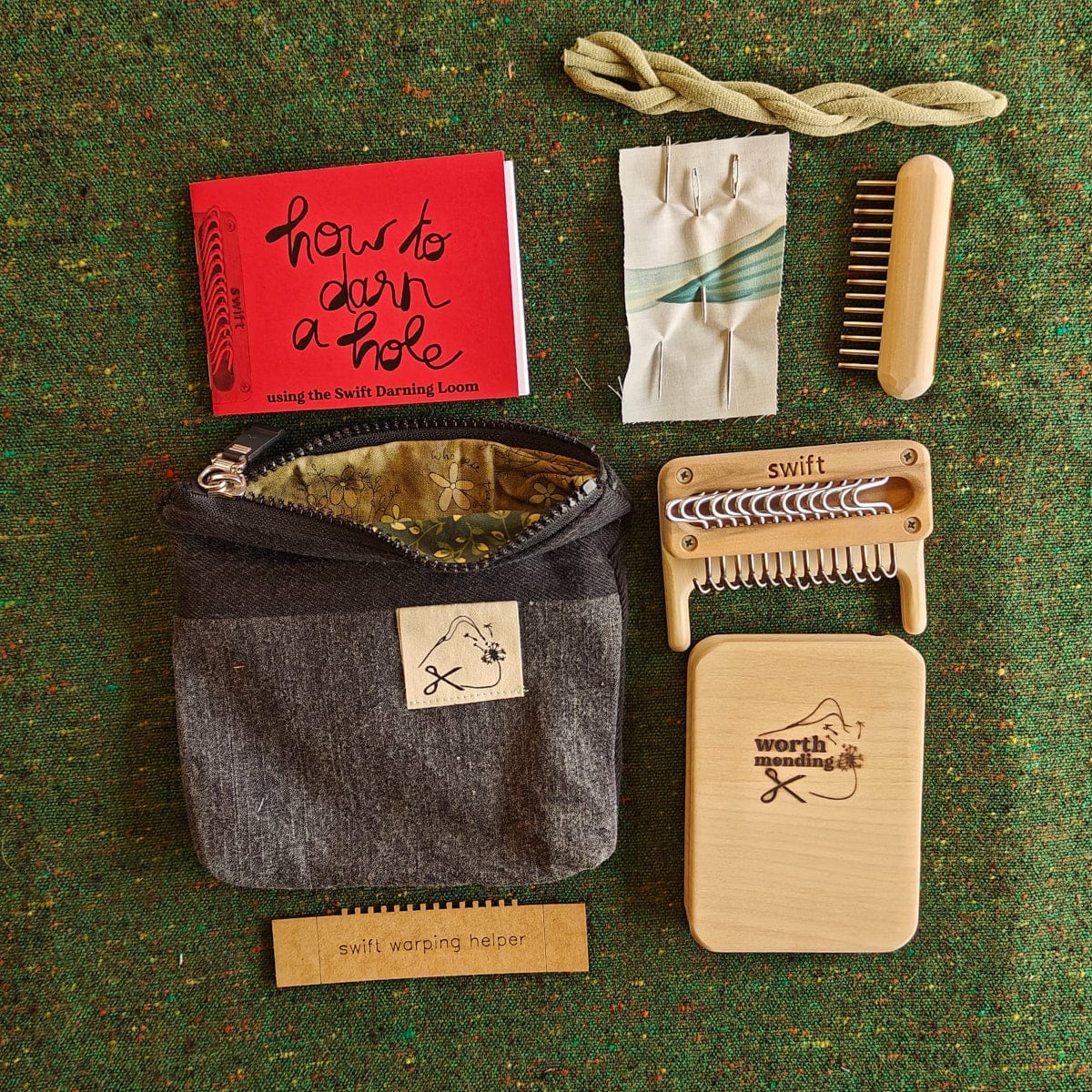 Worth Mending Upcycled Mending Tool Darning Loom Made in Canada Black - Daisies Swift Darning Loom: Mini Bundle (Black Denim)