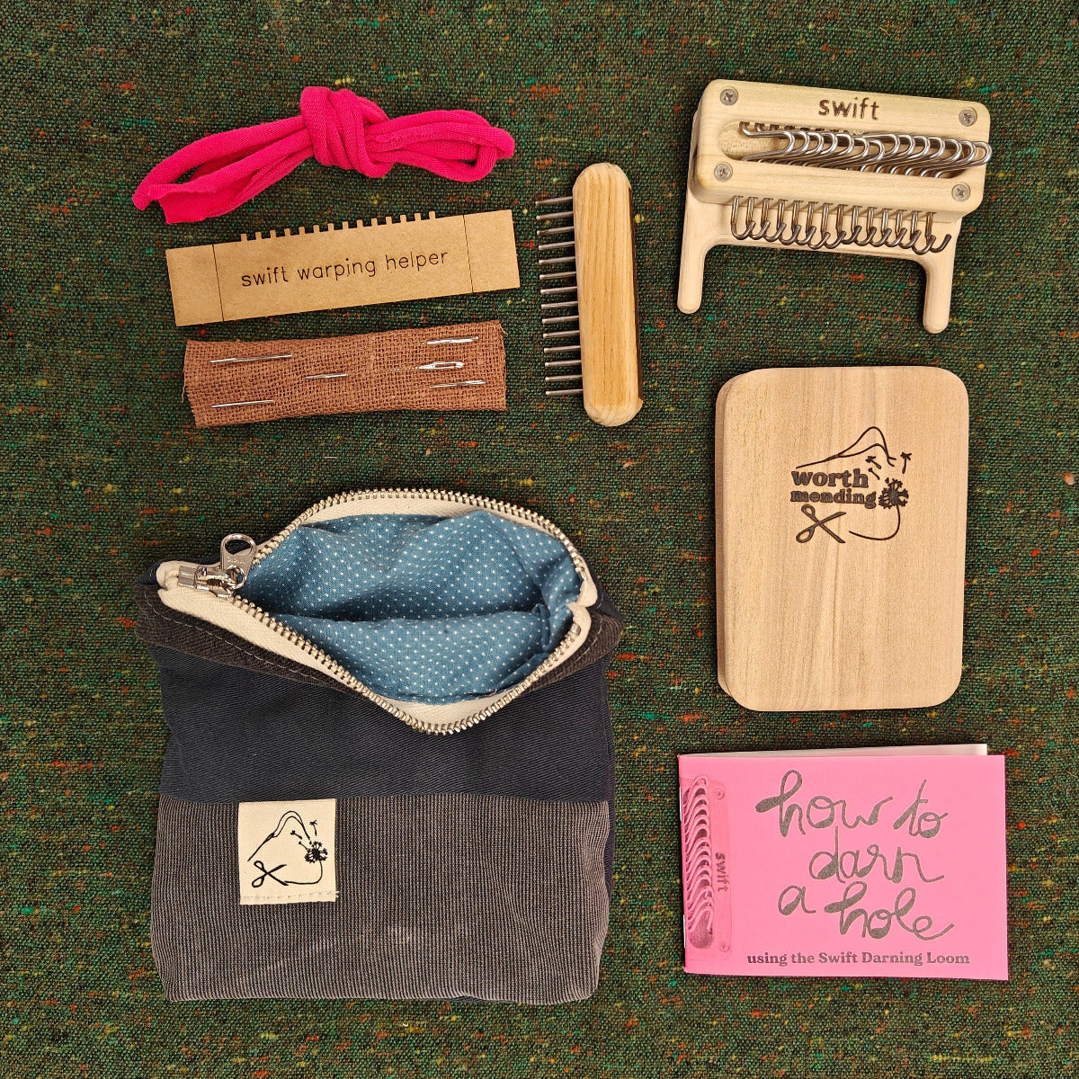 Worth Mending Upcycled Mending Tool Darning Loom Made in Canada Black - Navy Dots Swift Darning Loom: Mini Bundle (Black Denim)
