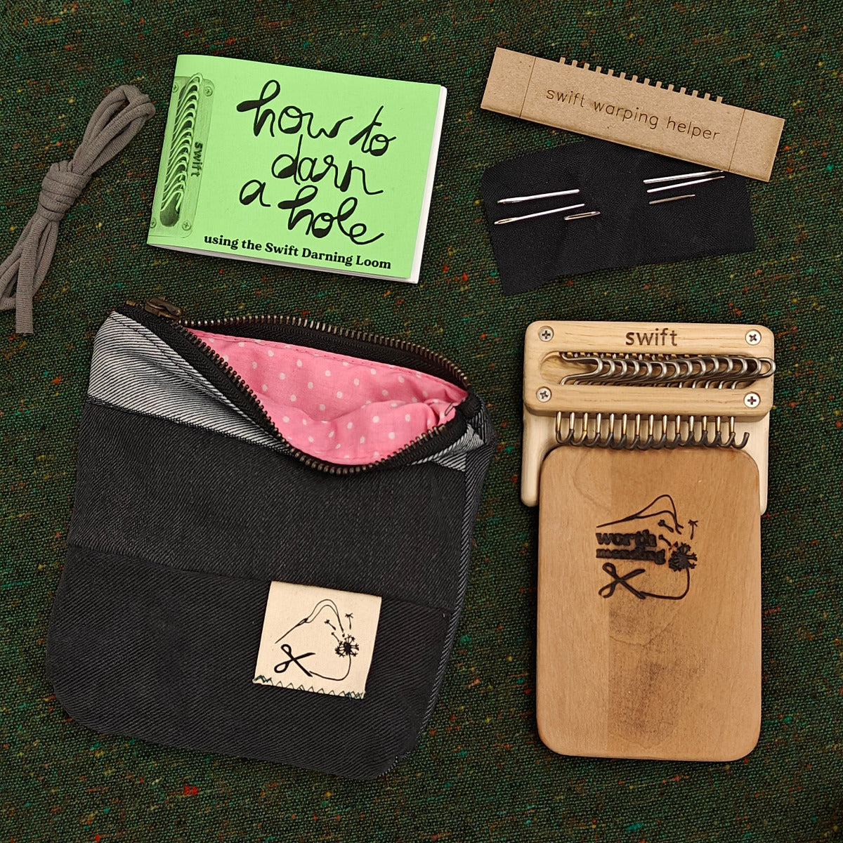 Worth Mending Upcycled Mending Tool Darning Loom Made in Canada Black - Pink Dots Swift Darning Loom: Mini Bundle (Black Denim)