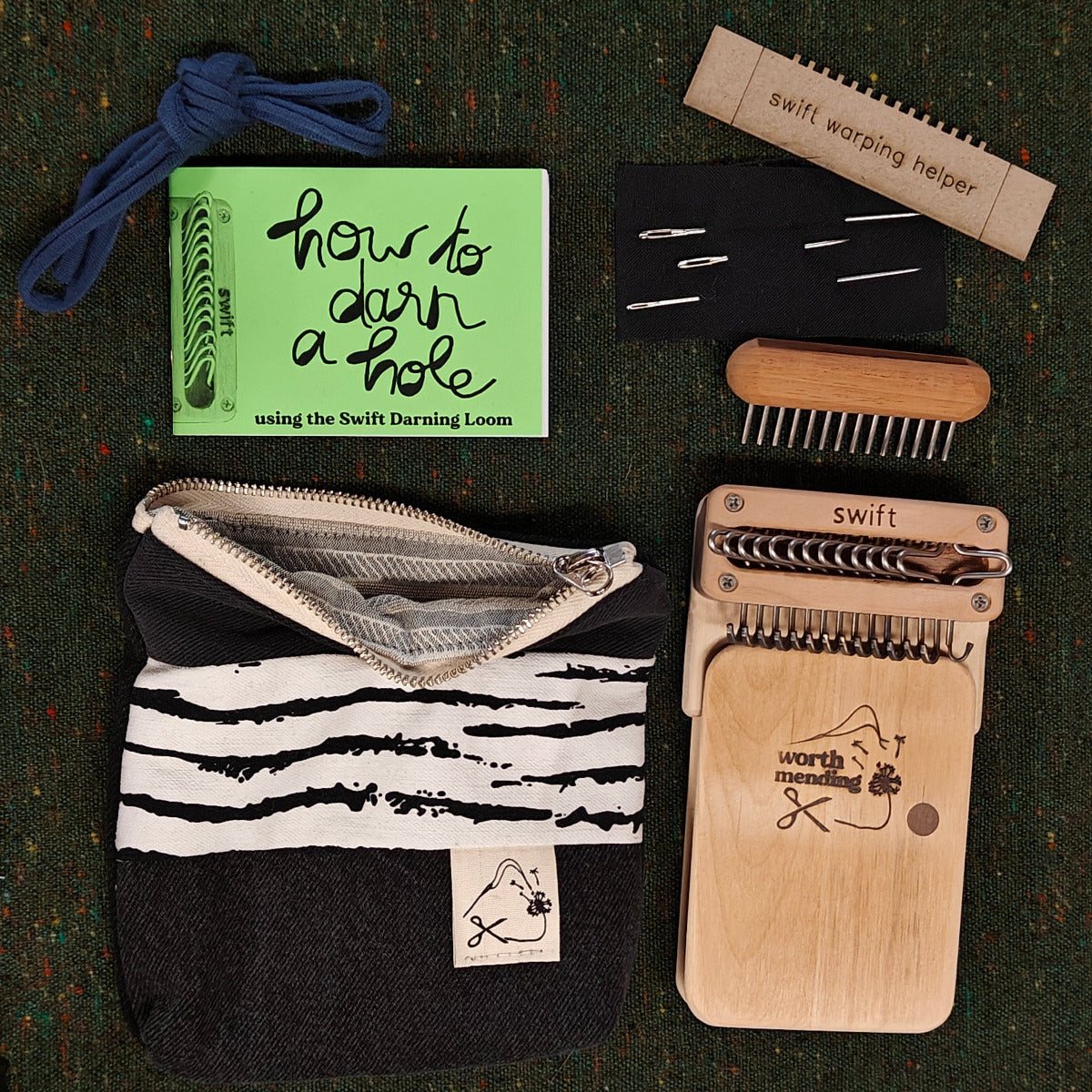 Worth Mending Upcycled Mending Tool Darning Loom Made in Canada Black - Sage Swift Darning Loom: Mini Bundle (Black Denim)