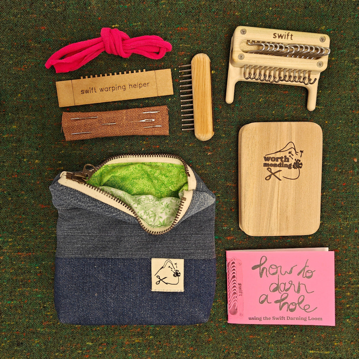Worth Mending Upcycled Mending Tool Darning Loom Made in Canada Blue - Lime Green Swift Darning Loom: Mini Bundle (Blue Denim)