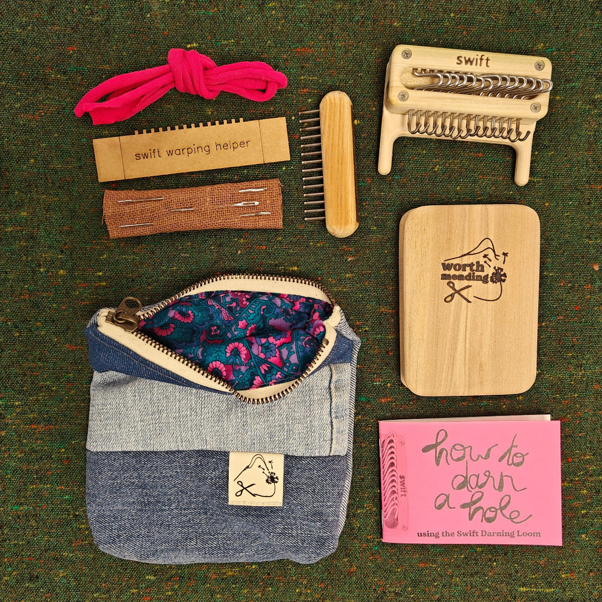Worth Mending Upcycled Mending Tool Darning Loom Made in Canada Blue - Neon Paisley Swift Darning Loom: Mini Bundle (Blue Denim)
