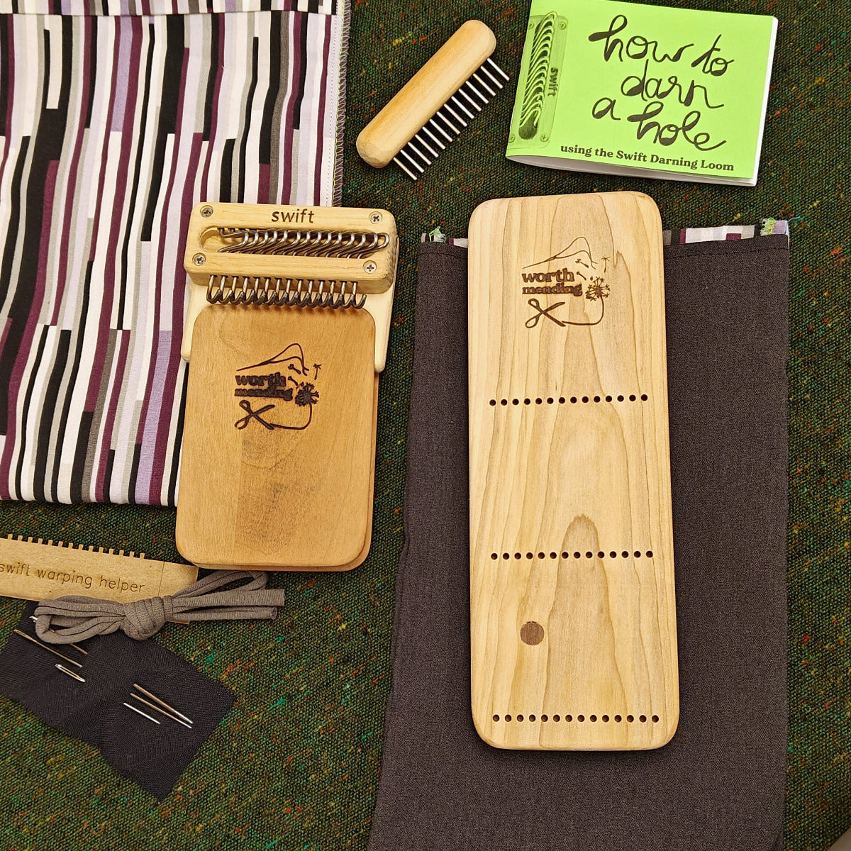Worth Mending Upcycled Mending Tool Darning Loom Made in Canada Charcoal Stripe Swift Darning Loom: XL Darning Bundle