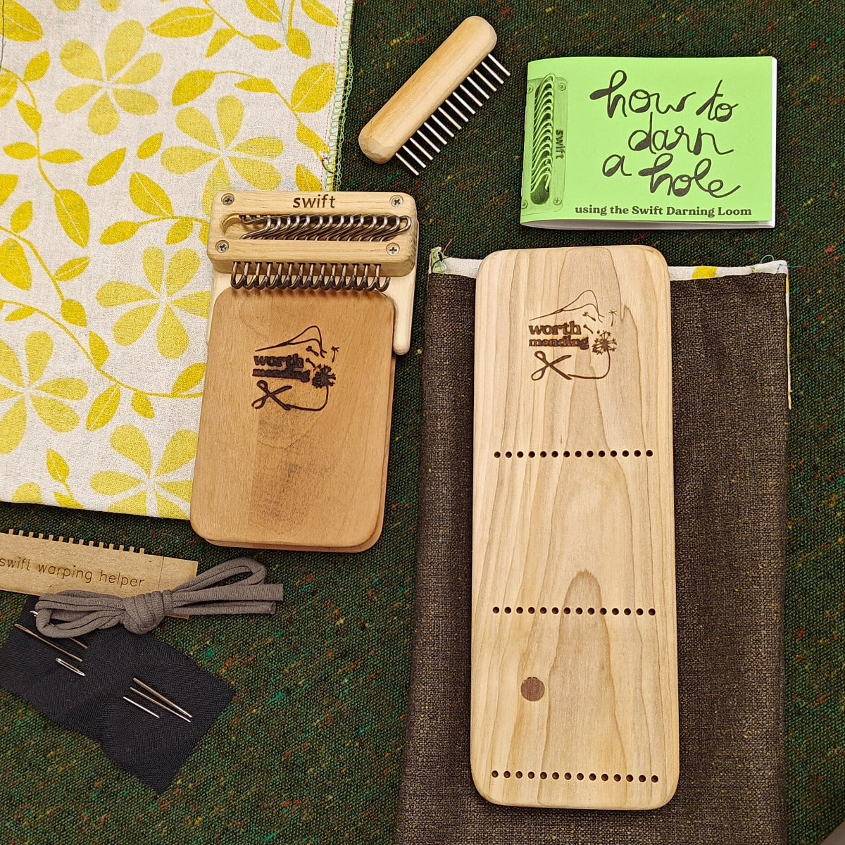 Worth Mending Upcycled Mending Tool Darning Loom Made in Canada Citrus Tweed Swift Darning Loom: XL Darning Bundle