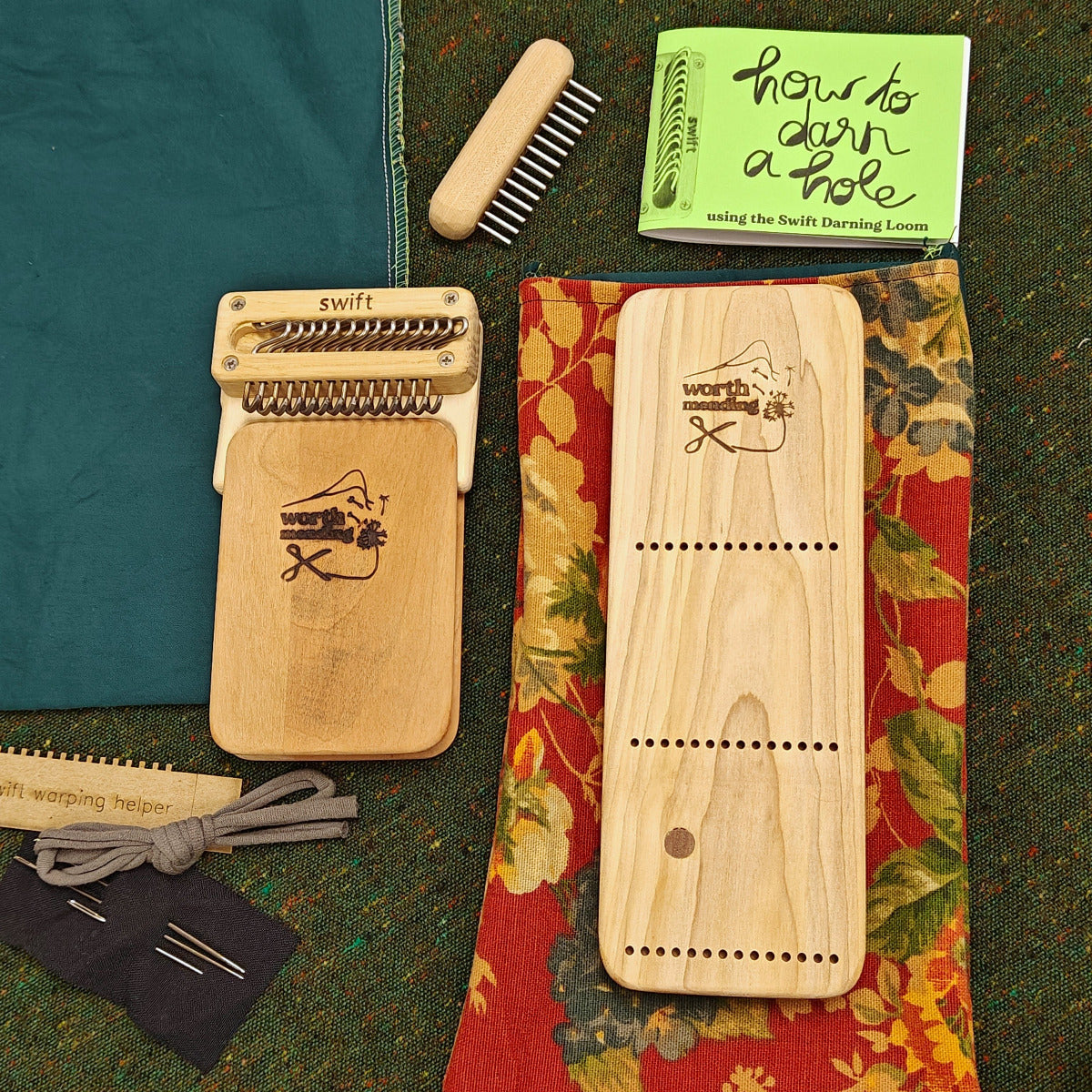 Worth Mending Upcycled Mending Tool Darning Loom Made in Canada Rust Floral Swift Darning Loom: XL Darning Bundle
