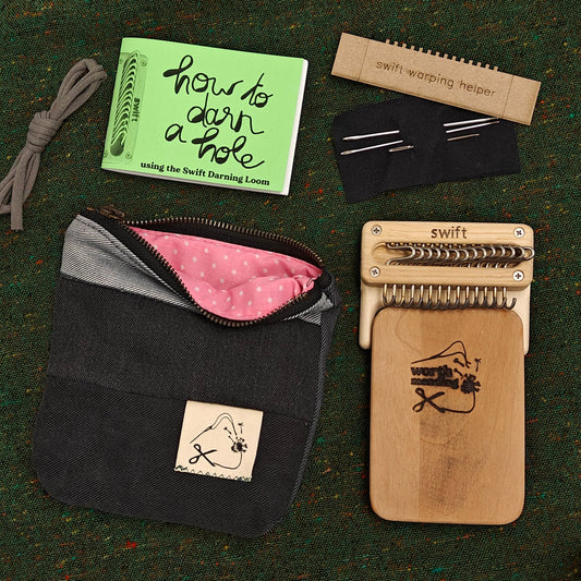 Worth Mending Upcycled Mending Tool Darning Loom Made in Canada Black - Pink Dots Swift Darning Loom: Mini Bundle (Black Denim)