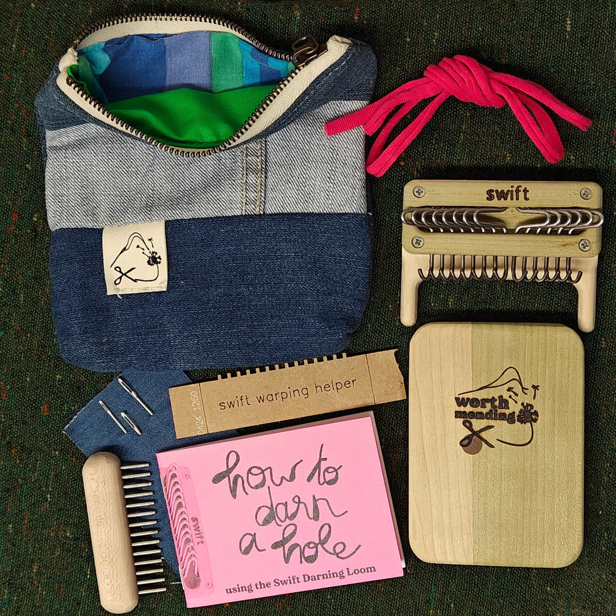 Worth Mending Upcycled Mending Tool Darning Loom Made in Canada Blue - Poplar Swift Darning Loom: Mini Bundle (Blue Denim)
